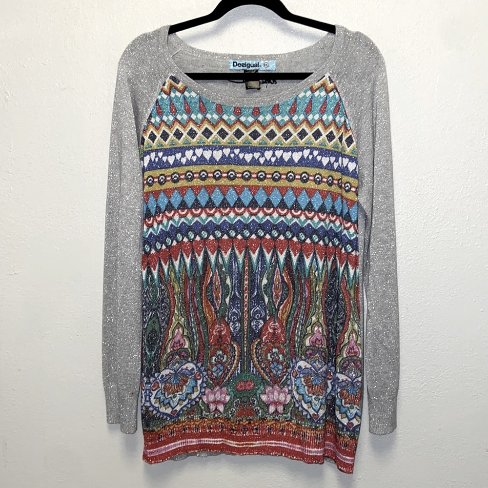 DESIGUAL Plus Size XXL Gray Multi-color Lightweight Long Sleeve Top